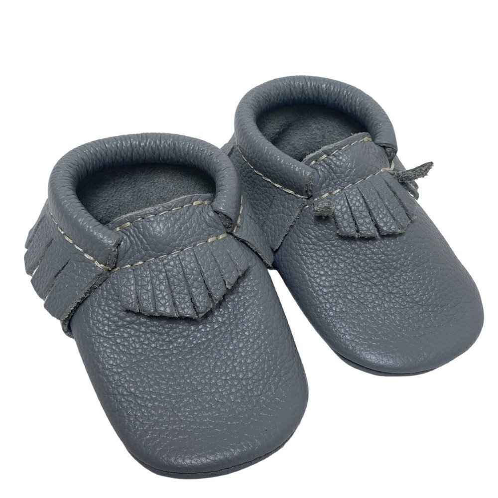 FRESHLY PICKED Baby Shoes Gray Leather Moccasins Up to 12 months Western Fringe